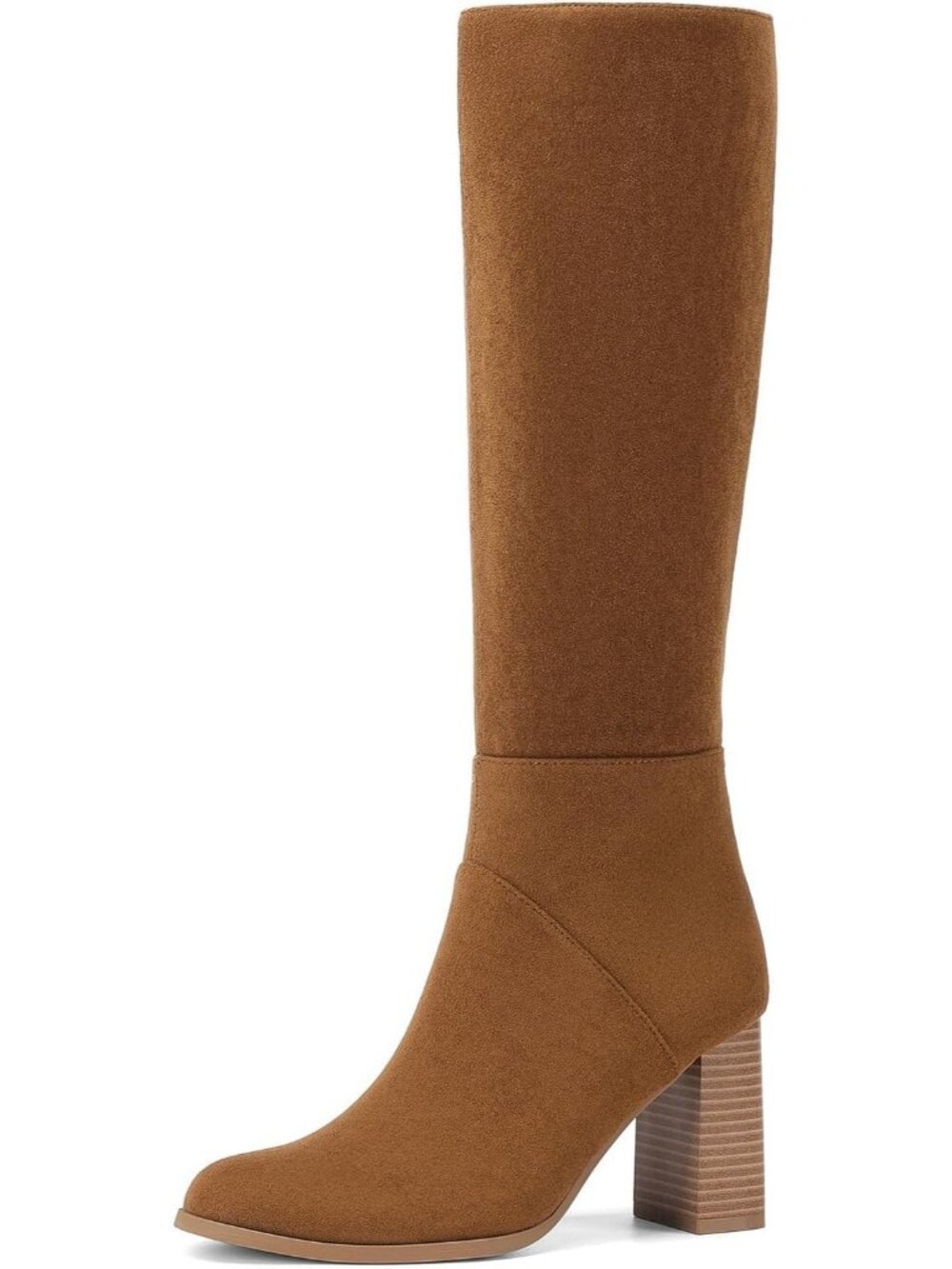 Women's Brown Faux Suede Chunky Block Heel Fashion Round Toe Knee High Boots